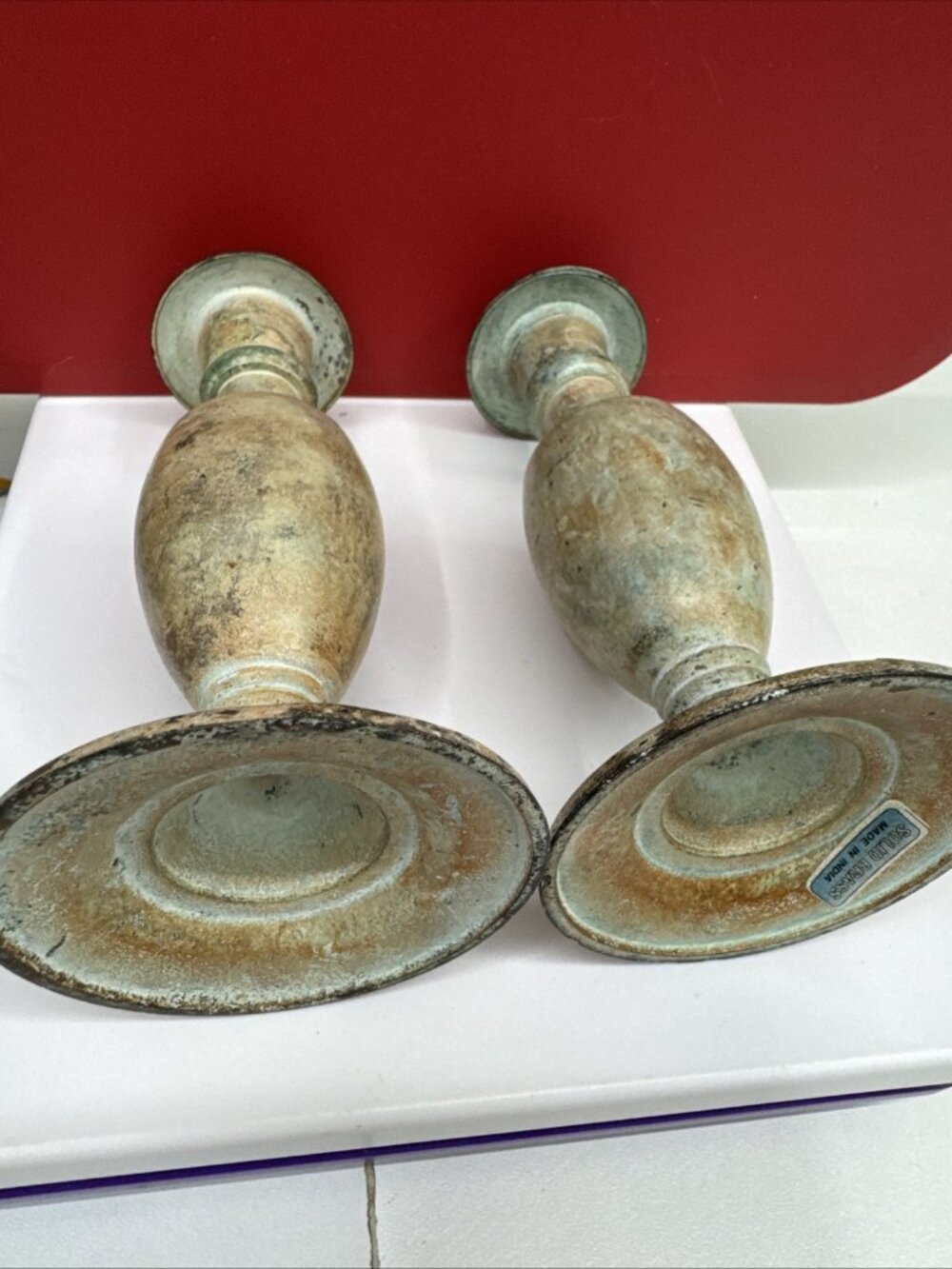 Vtg Rare Pair of Solid Bronze Candle Sticks Holders Gray Green Orange 6”x3” - Picture 3 of 10